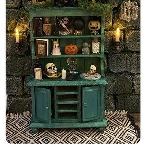Miniature Haunted Apothecary Hutch - Teal Green Display Cabinet